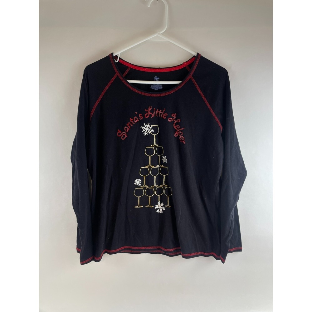 SLEEP CHIC PJ Shirt Women's Size Large Black Santa Little Helper Wine Glass